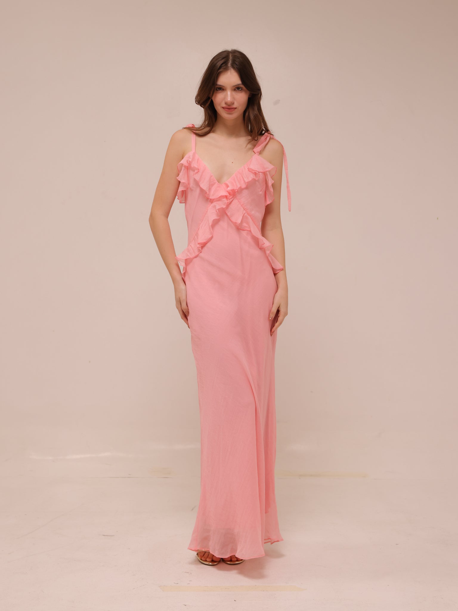 Adalina Ruffle Maxi Dress in Quartz Pink