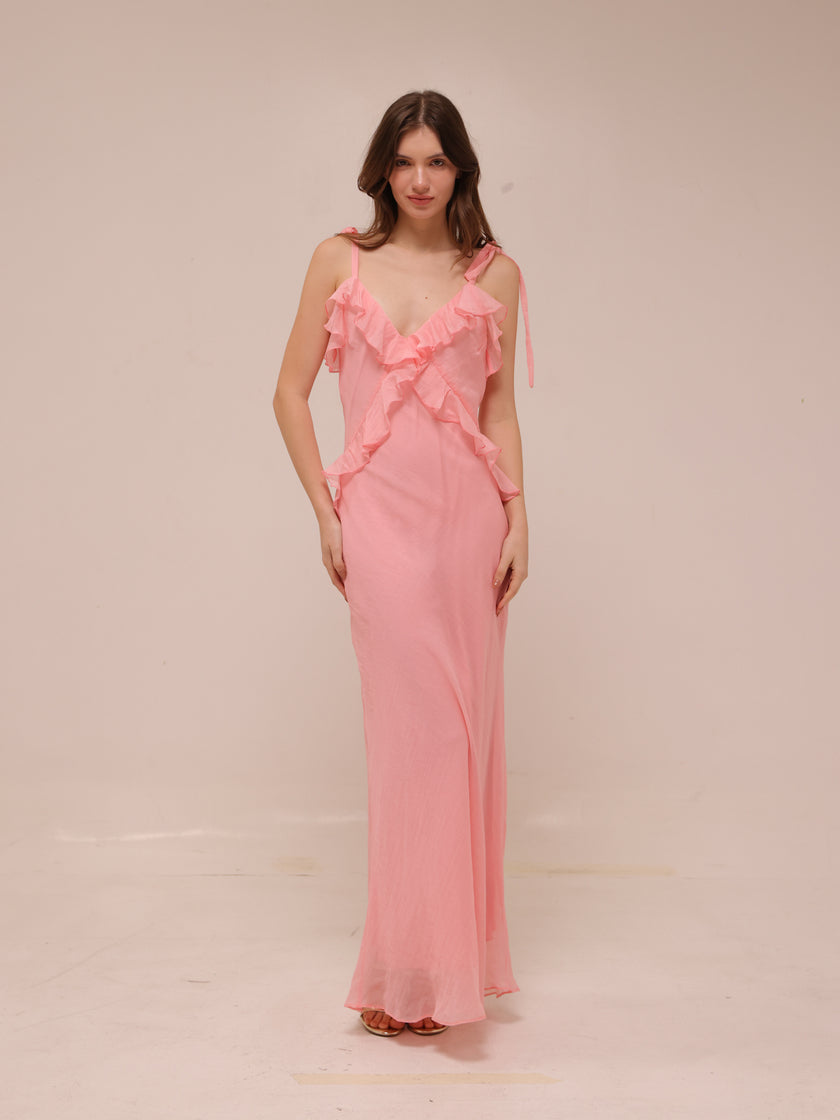 Adalina Ruffle Maxi Dress in Quartz Pink