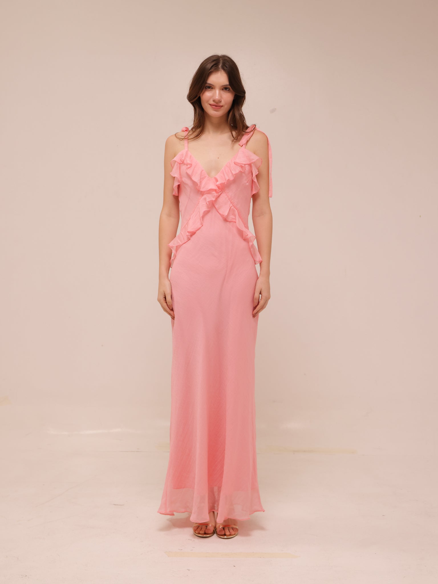 Adalina Ruffle Maxi Dress in Quartz Pink