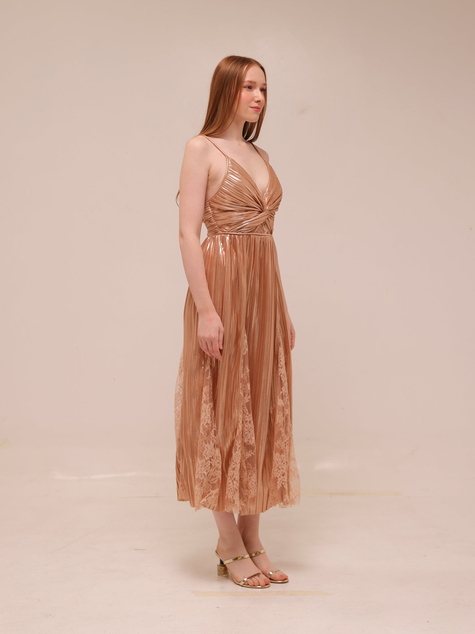Franny Pleated Midi Dress in Rose Gold