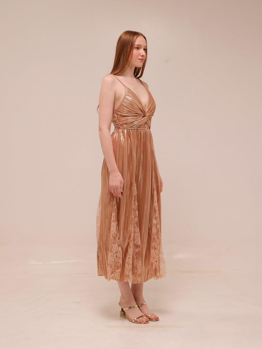 Franny Pleated Midi Dress in Rose Gold