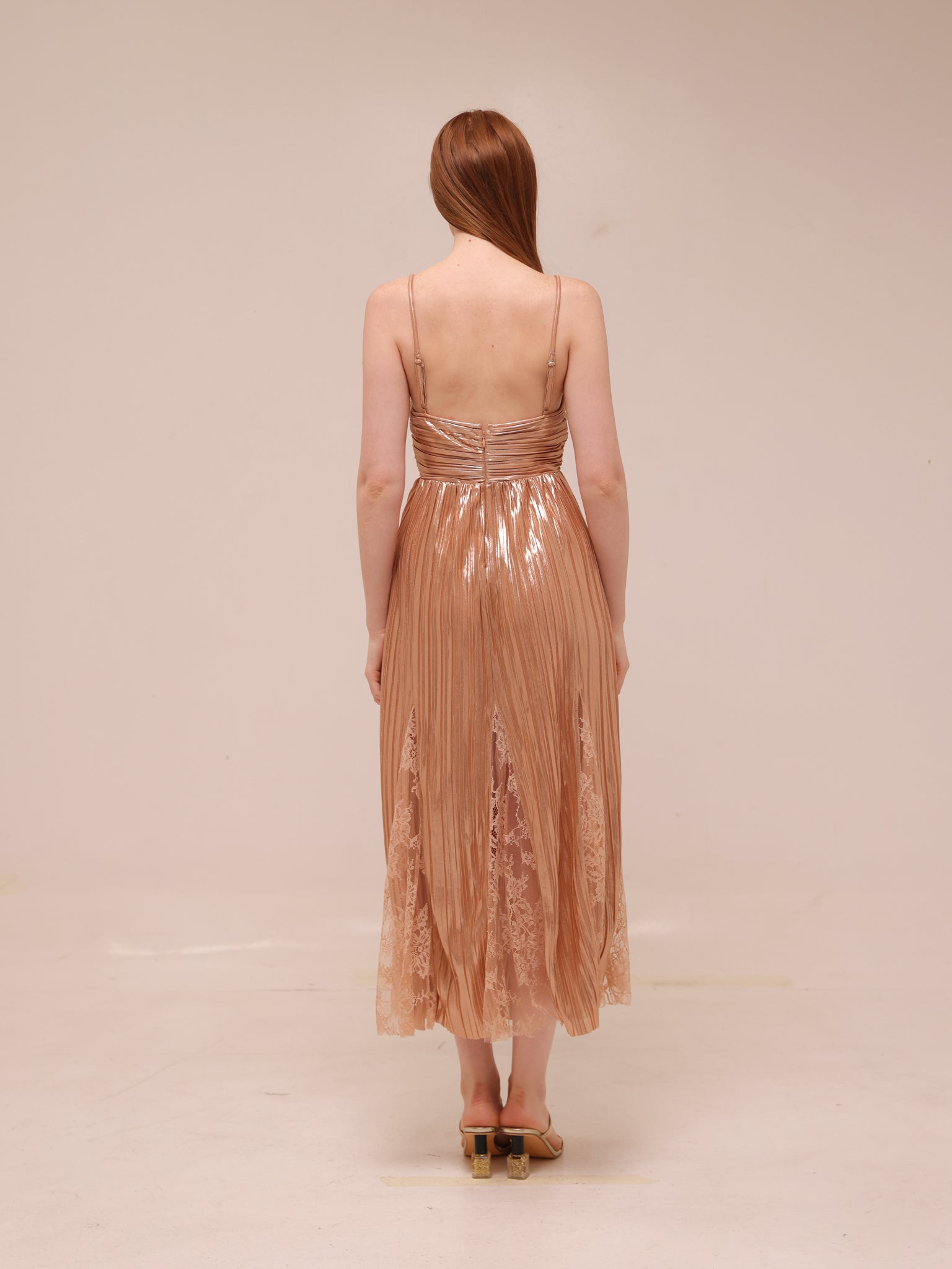 Franny Pleated Midi Dress in Rose Gold