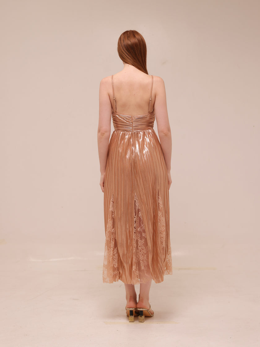 Franny Pleated Midi Dress in Rose Gold