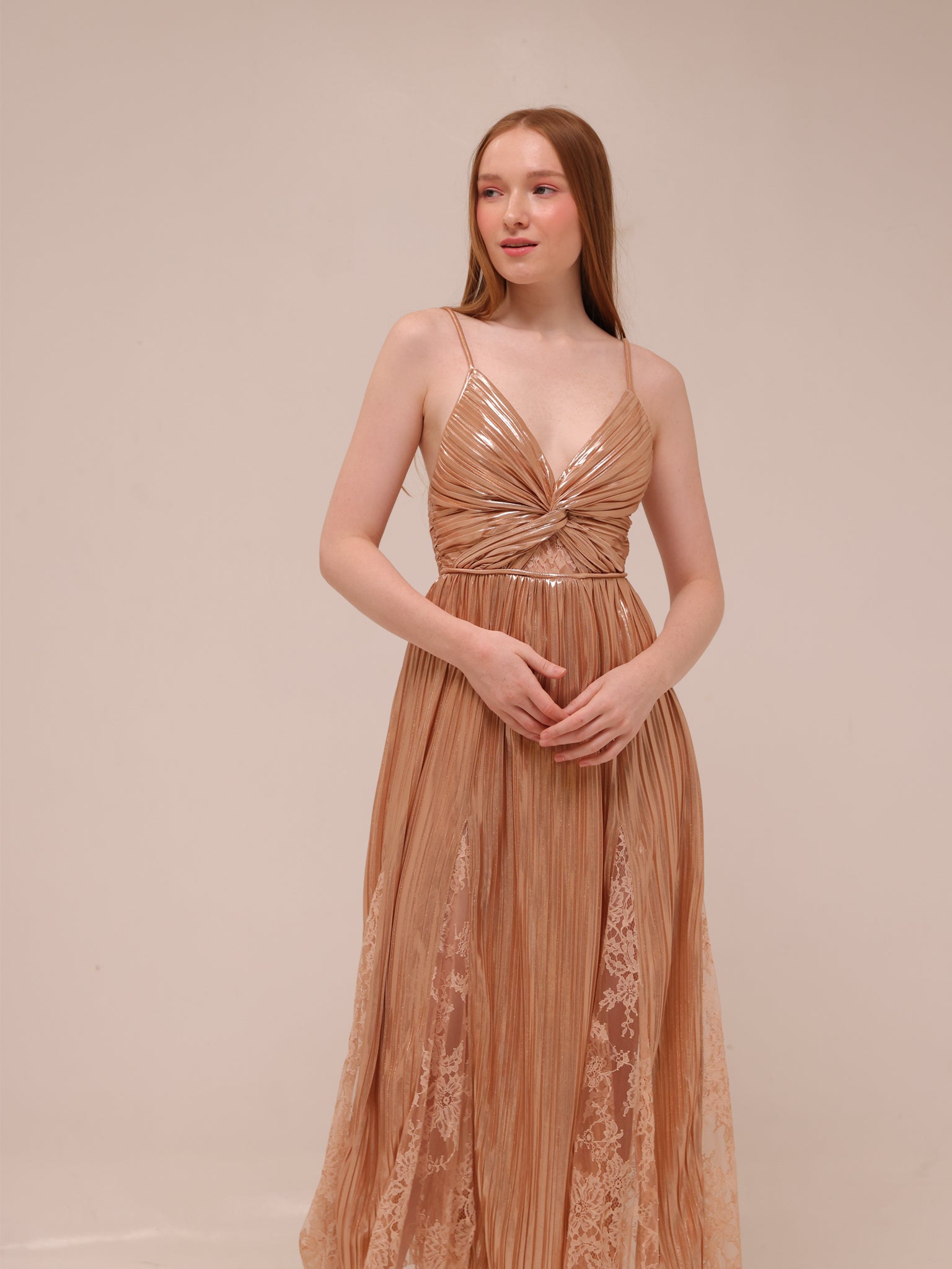 Franny Pleated Midi Dress in Rose Gold