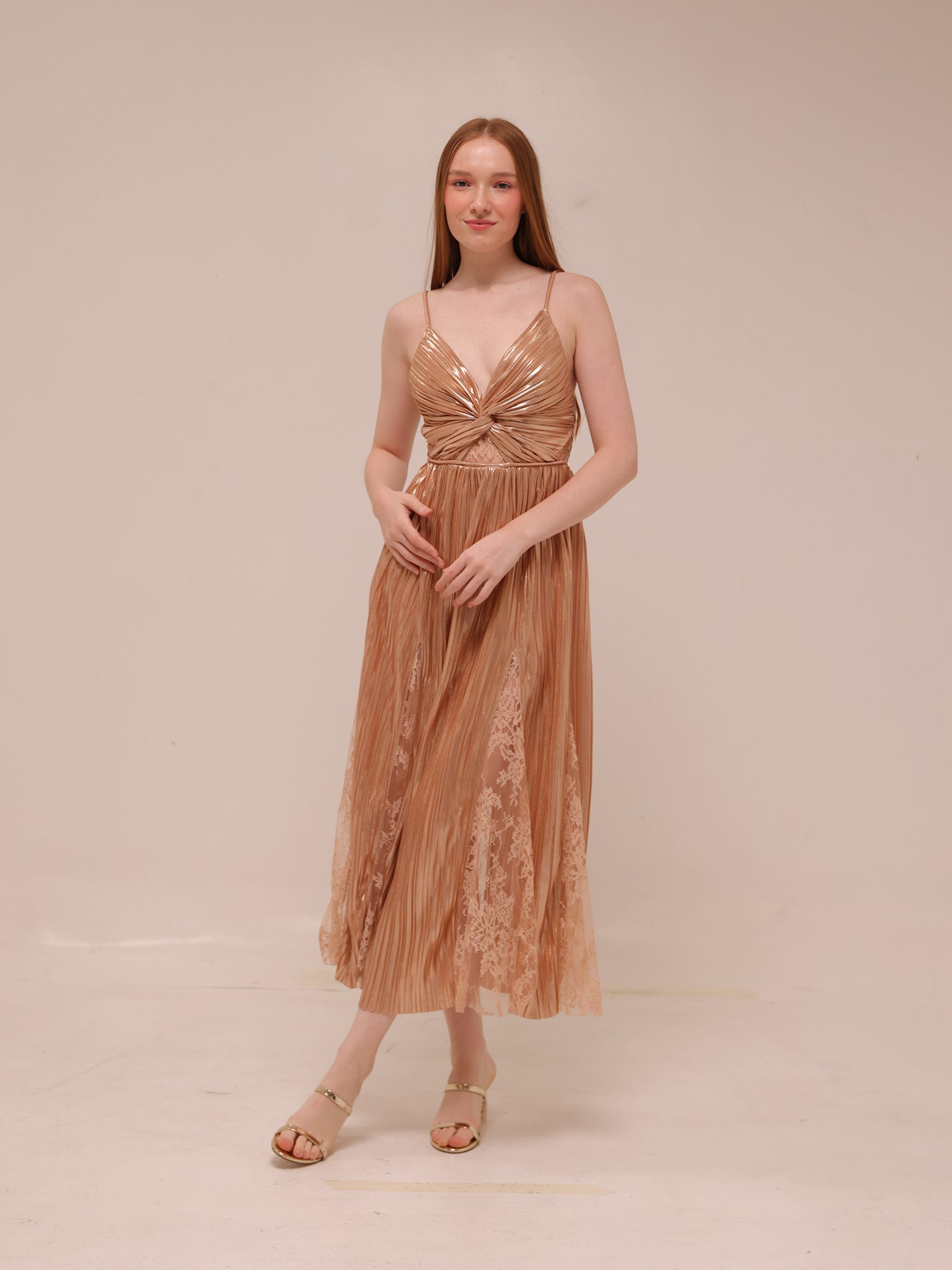 Franny Pleated Midi Dress in Rose Gold