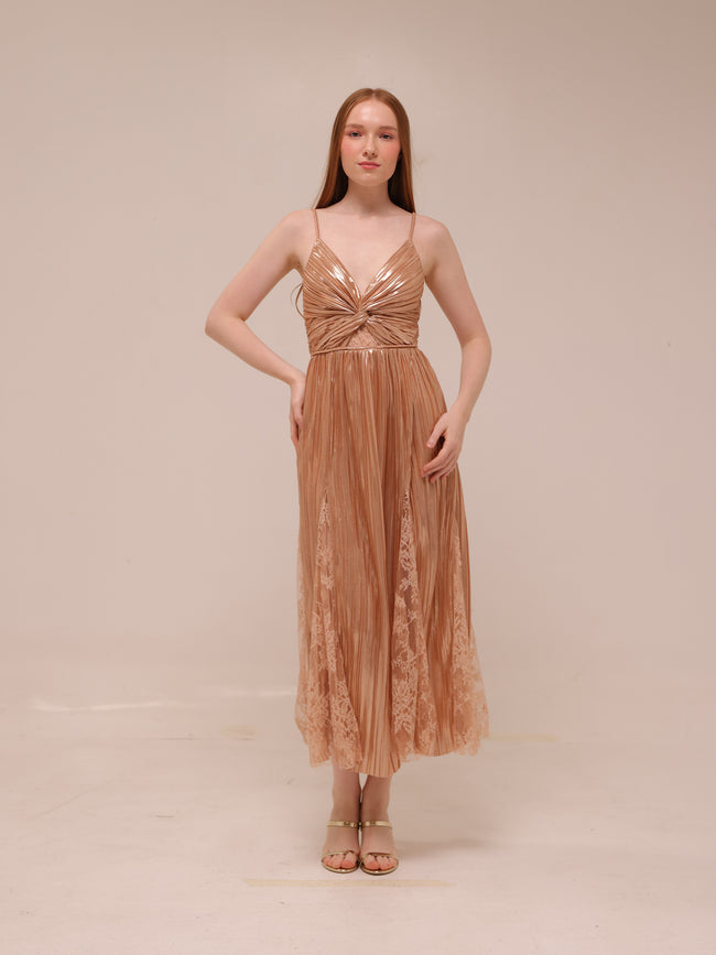 Franny Pleated Midi Dress in Rose Gold