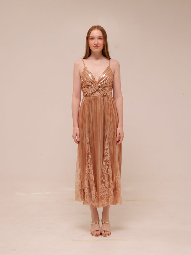 Franny Pleated Midi Dress in Rose Gold