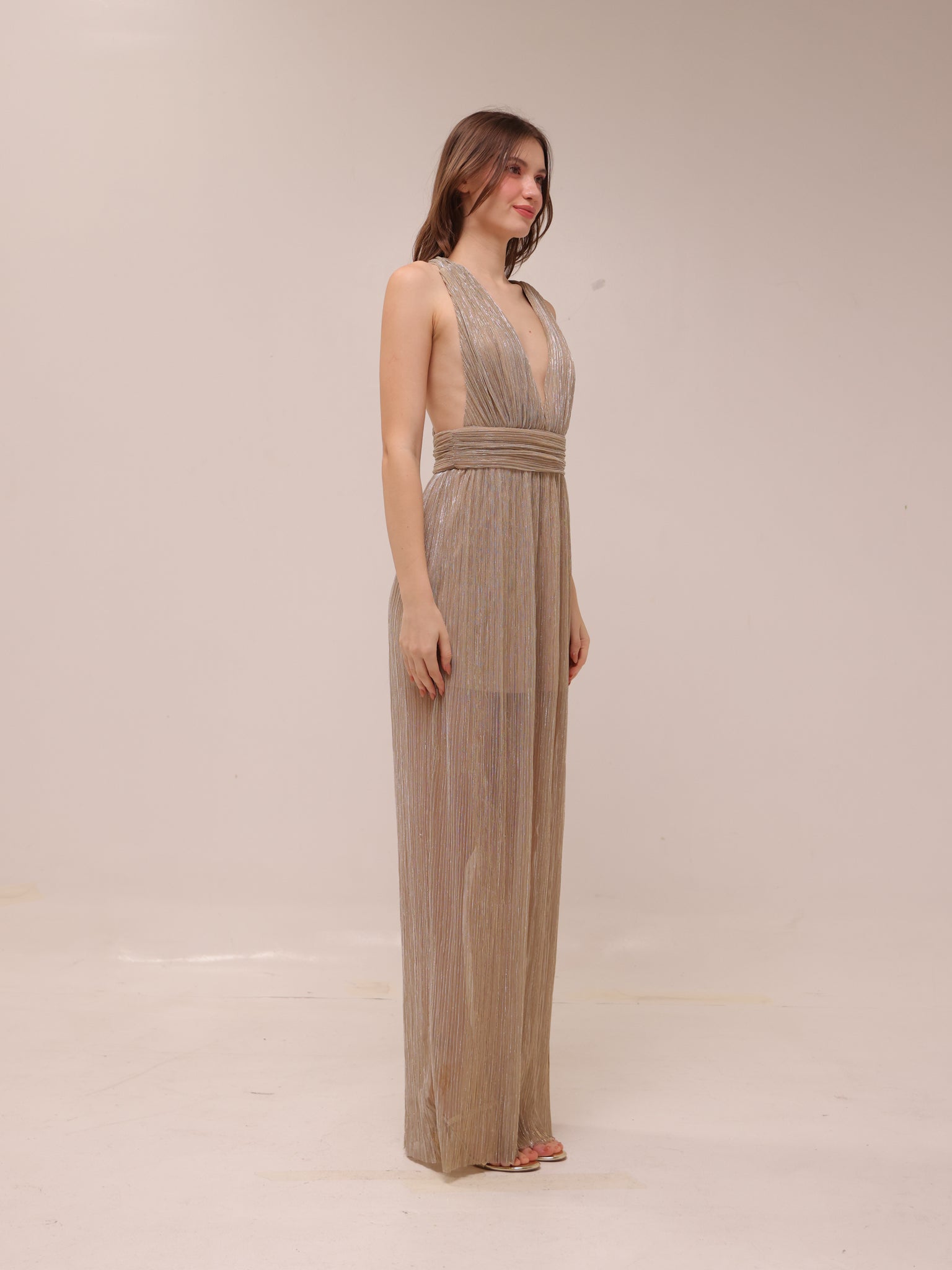 Gold Pleated Plunge Maxi Dress