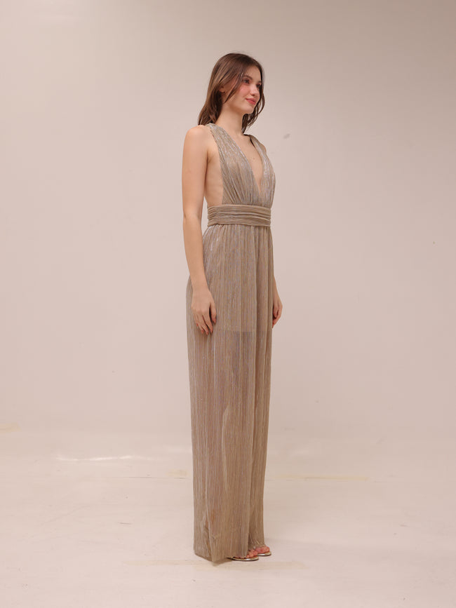 Gold Pleated Plunge Maxi Dress