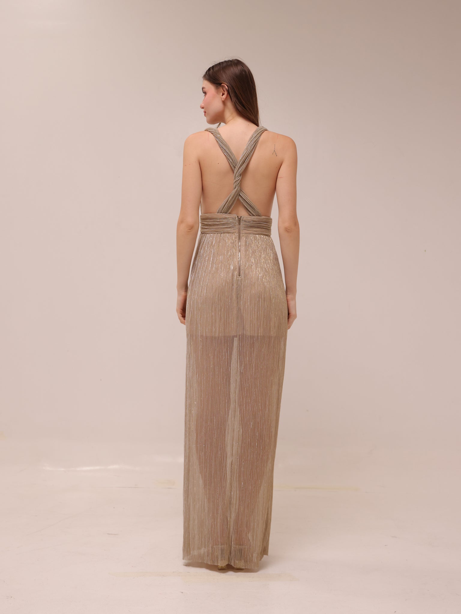 Gold Pleated Plunge Maxi Dress