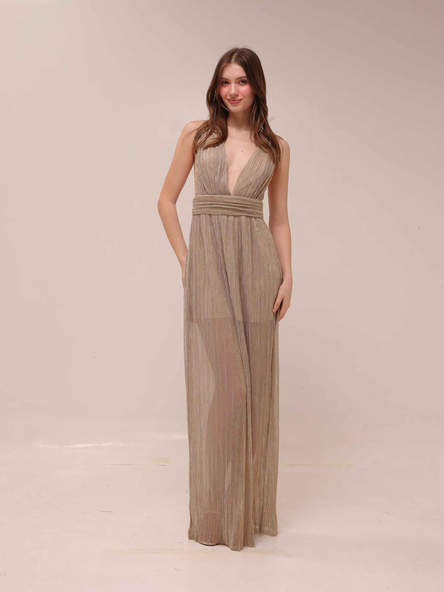 Gold Pleated Plunge Maxi Dress