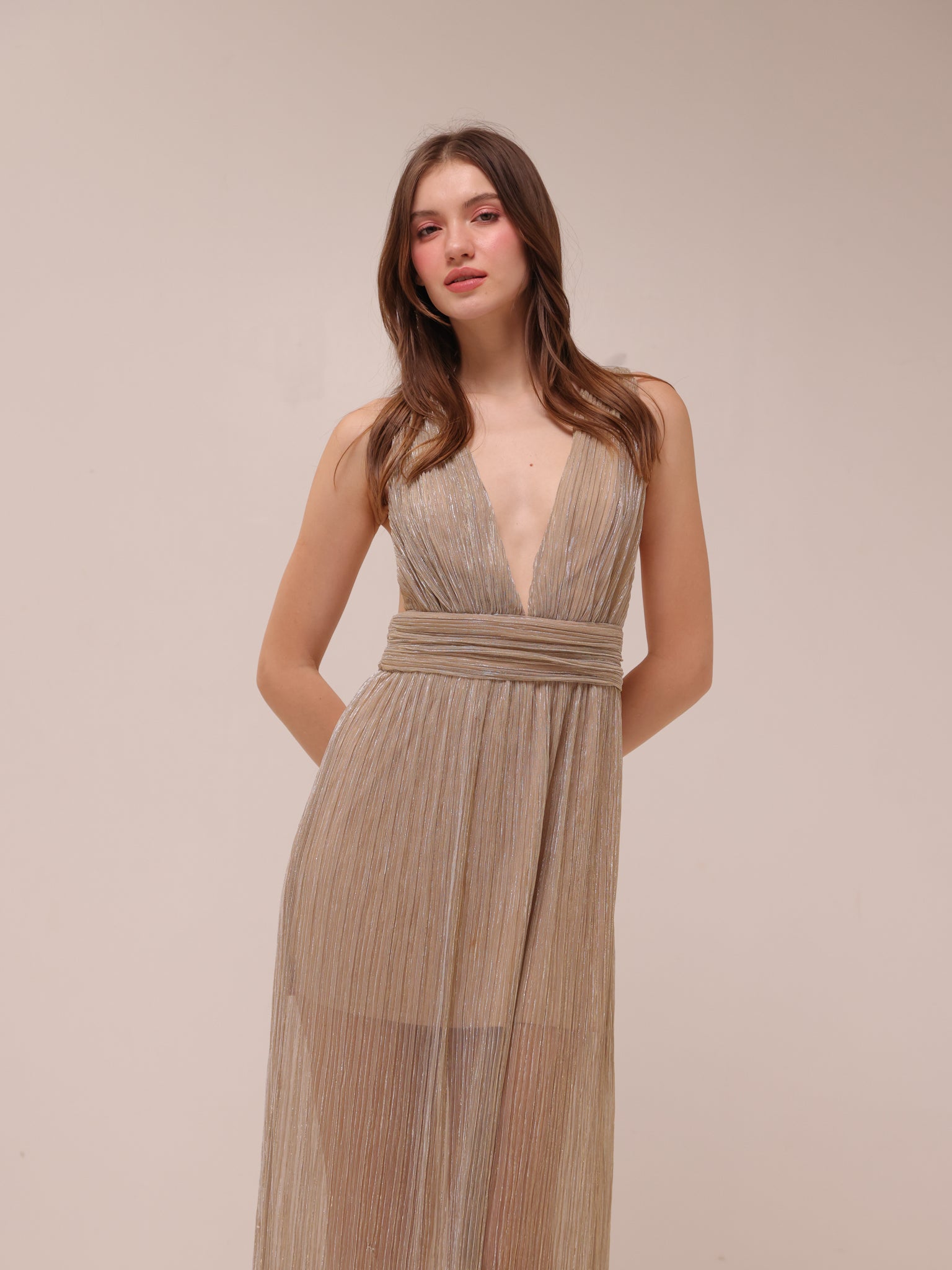 Gold Pleated Plunge Maxi Dress