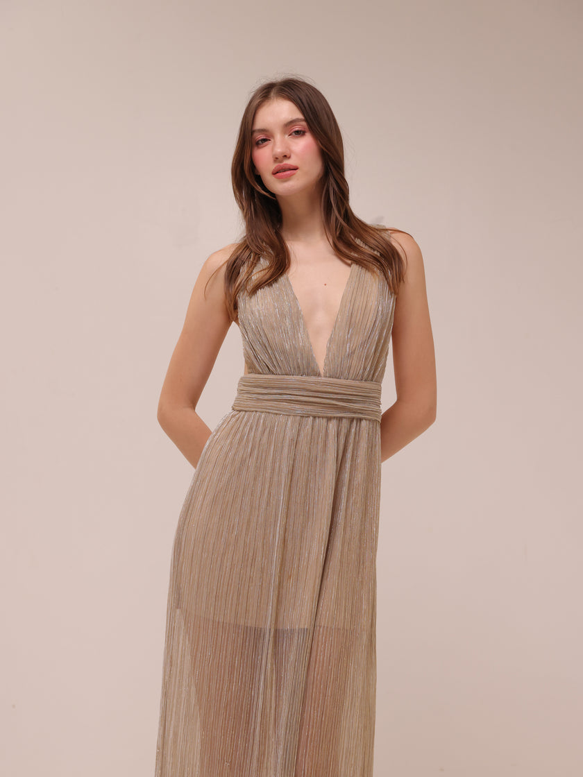 Gold Pleated Plunge Maxi Dress