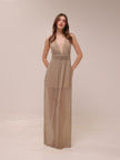 Gold Pleated Plunge Maxi Dress