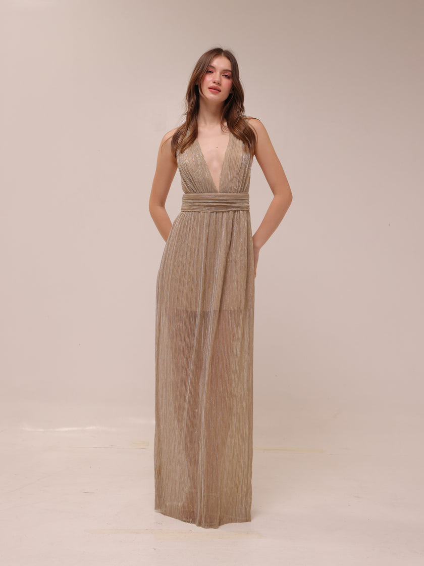 Gold Pleated Plunge Maxi Dress