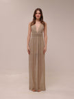 Gold Pleated Plunge Maxi Dress