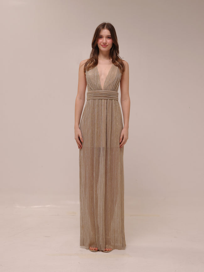 Gold Pleated Plunge Maxi Dress