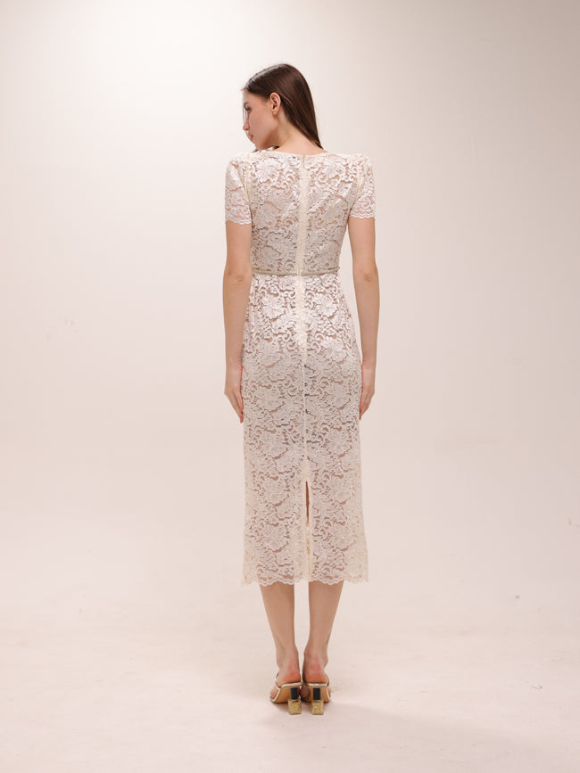 Cream Cord Lace Midi Dress