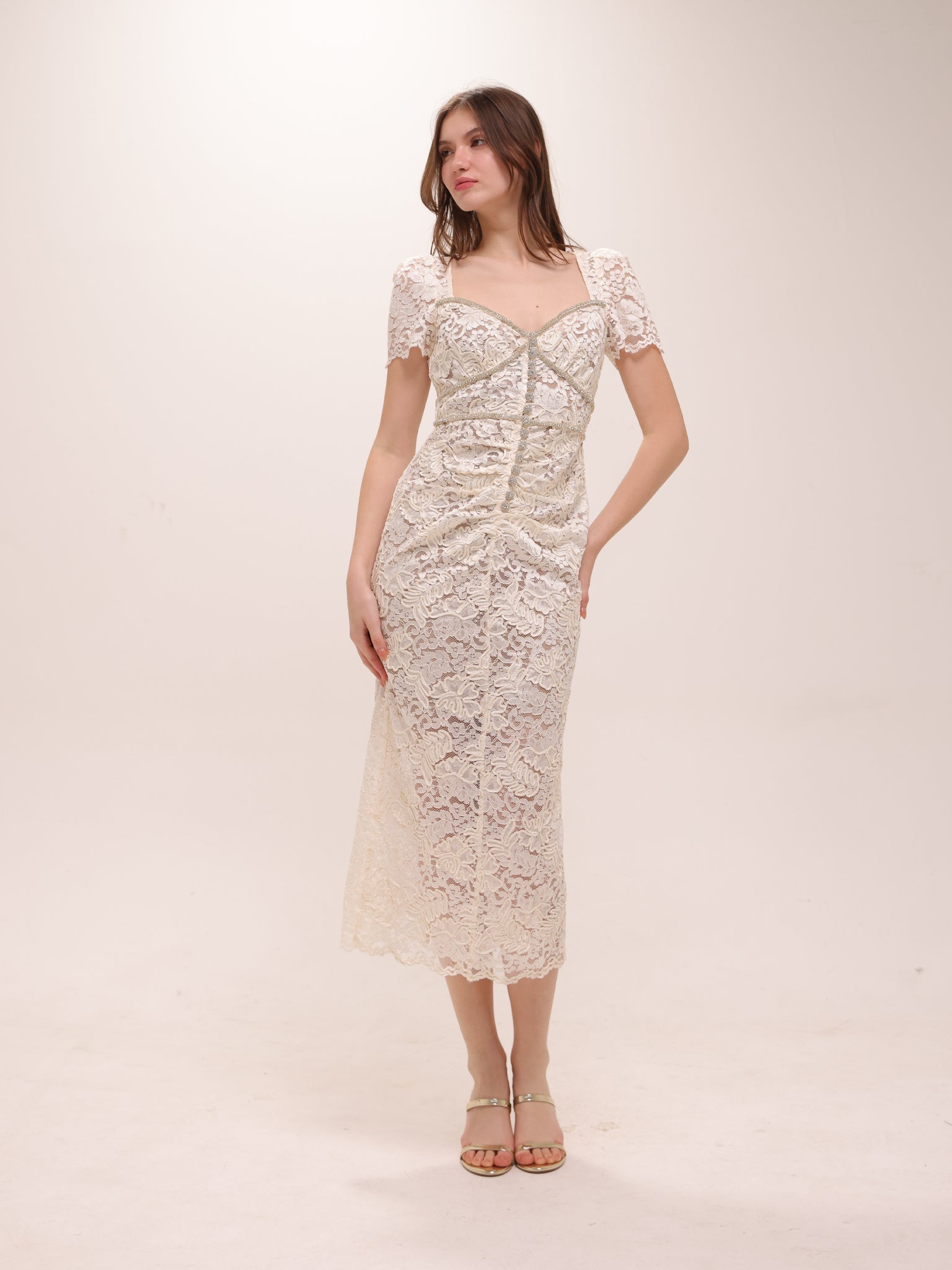 Cream Cord Lace Midi Dress