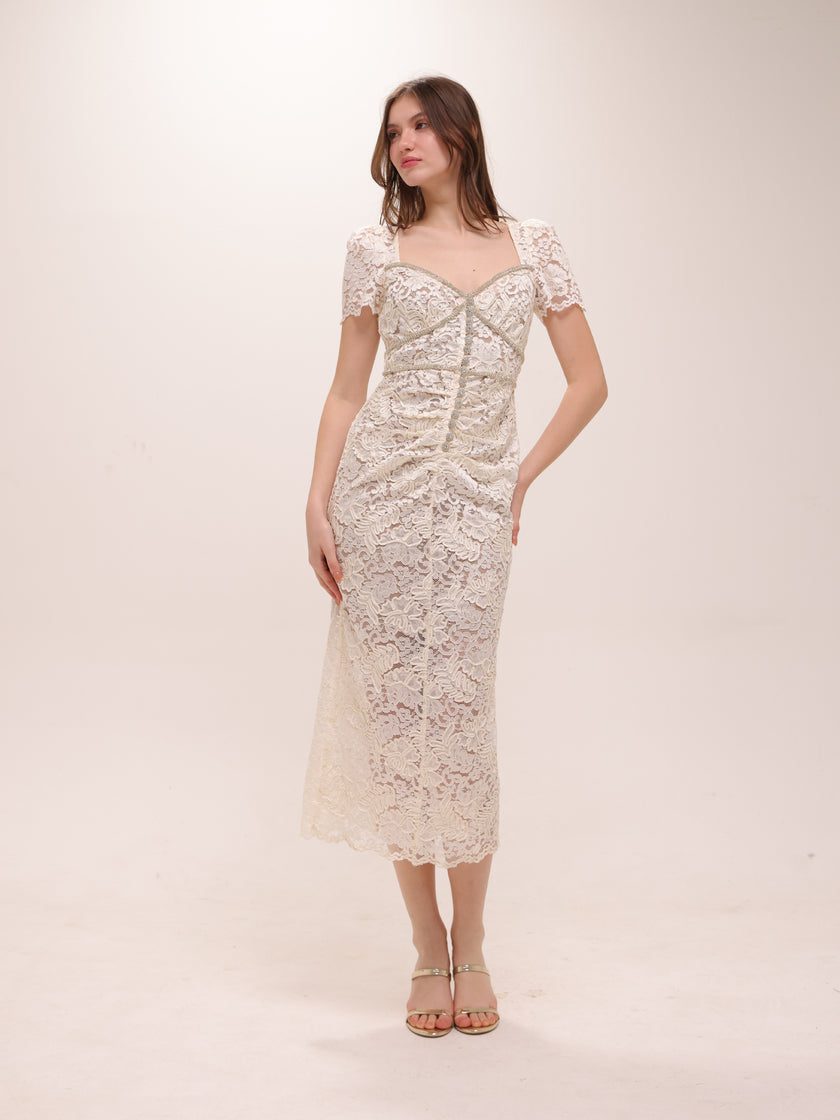 Cream Cord Lace Midi Dress