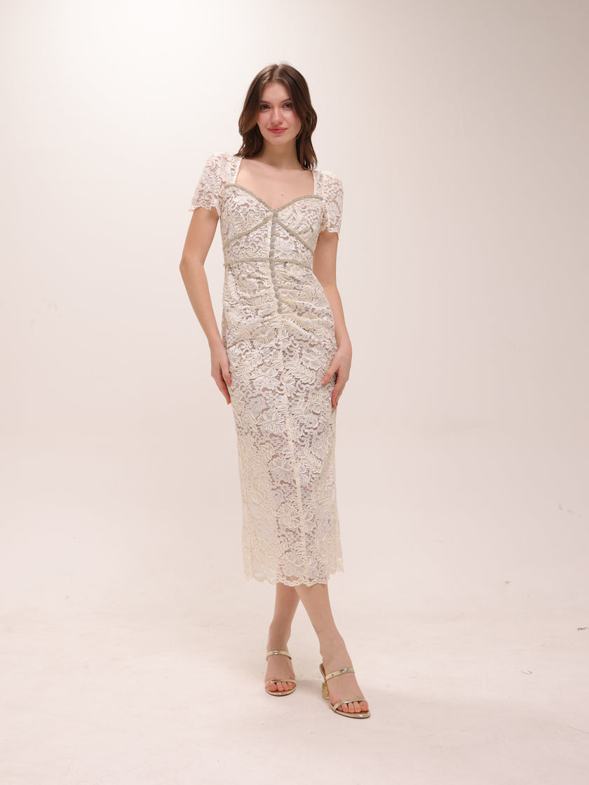 Cream Cord Lace Midi Dress