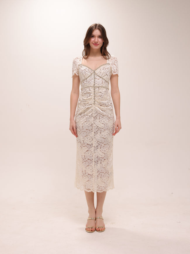 Cream Cord Lace Midi Dress
