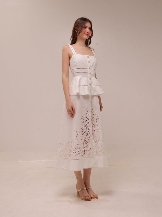 Cream Linen Peplum Midi Dress