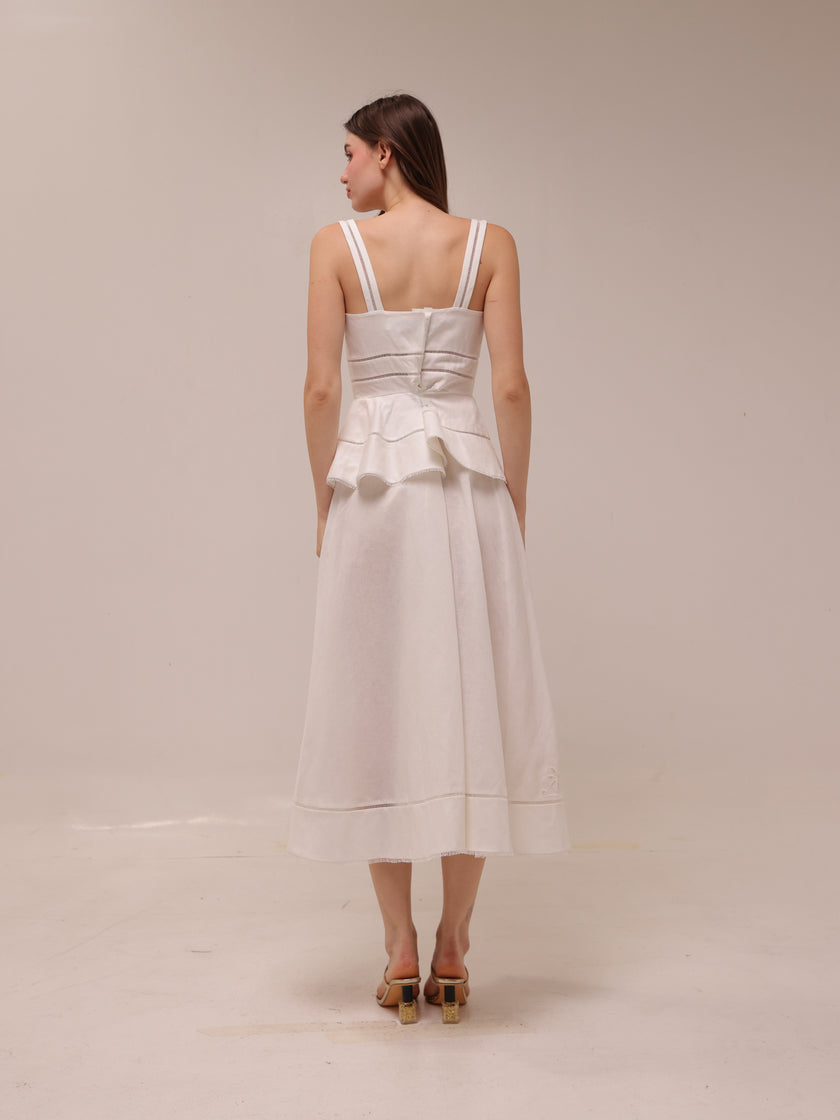 Cream Linen Peplum Midi Dress