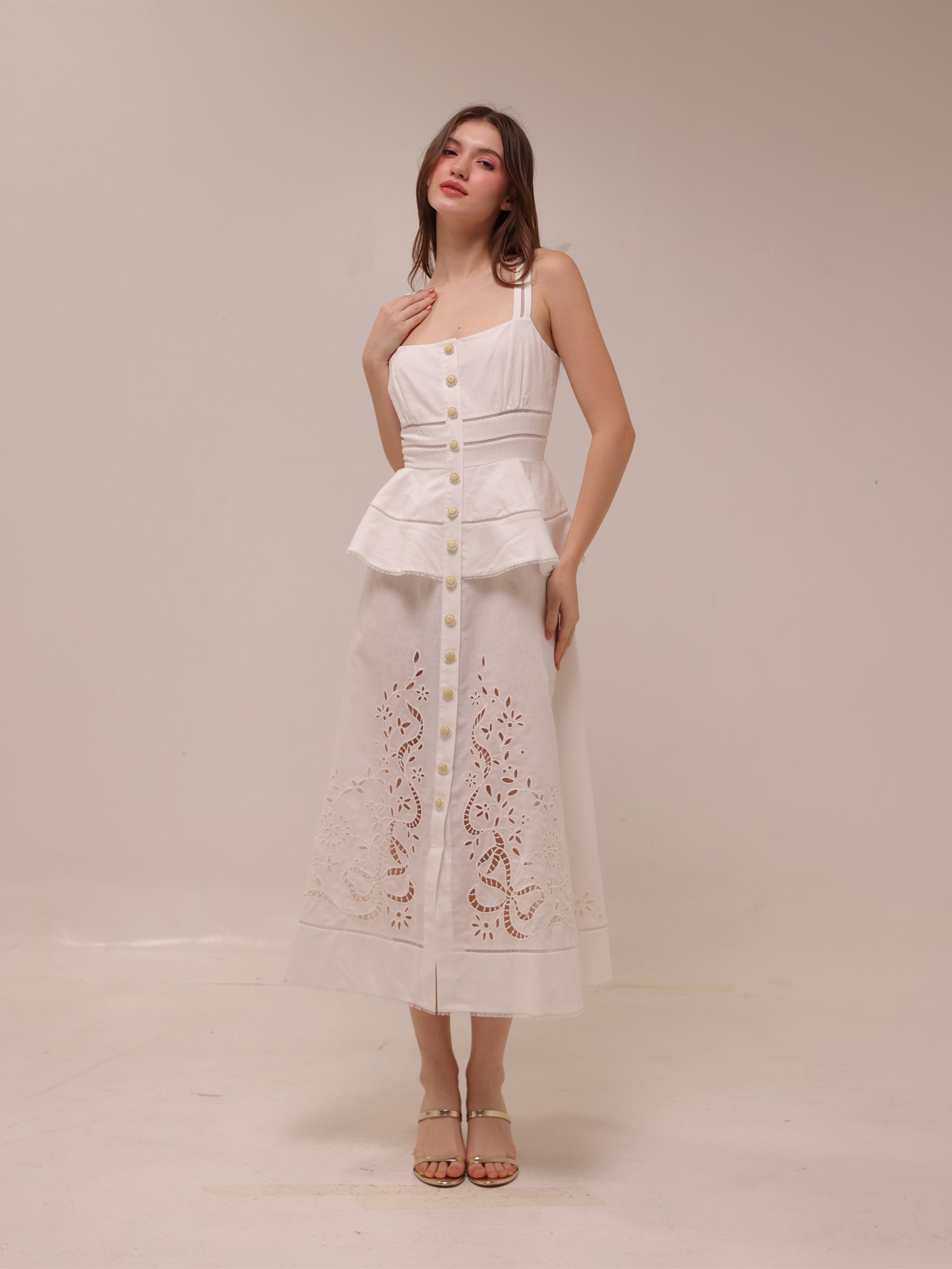 Cream Linen Peplum Midi Dress