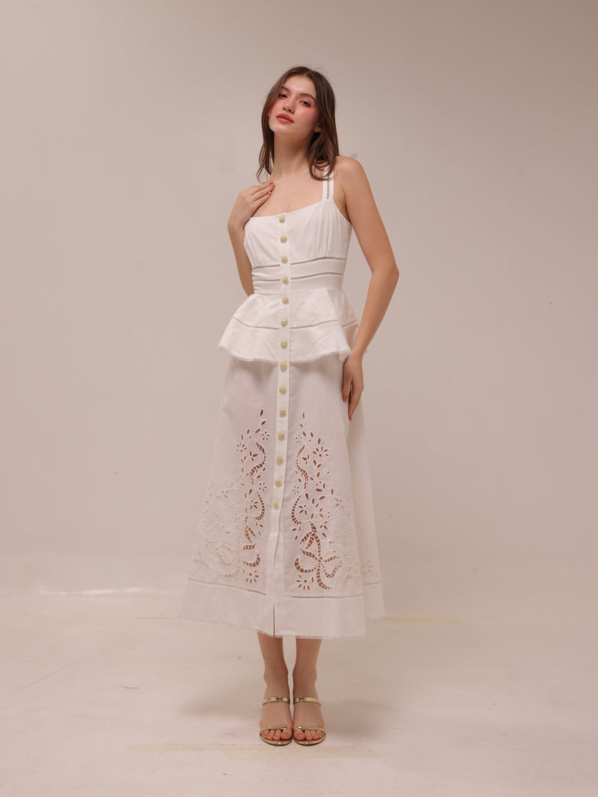 Cream Linen Peplum Midi Dress