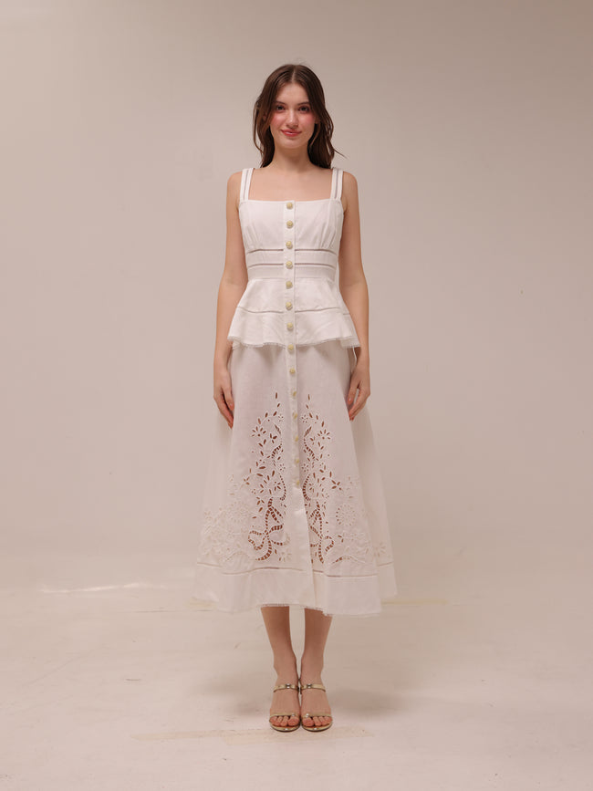 Cream Linen Peplum Midi Dress