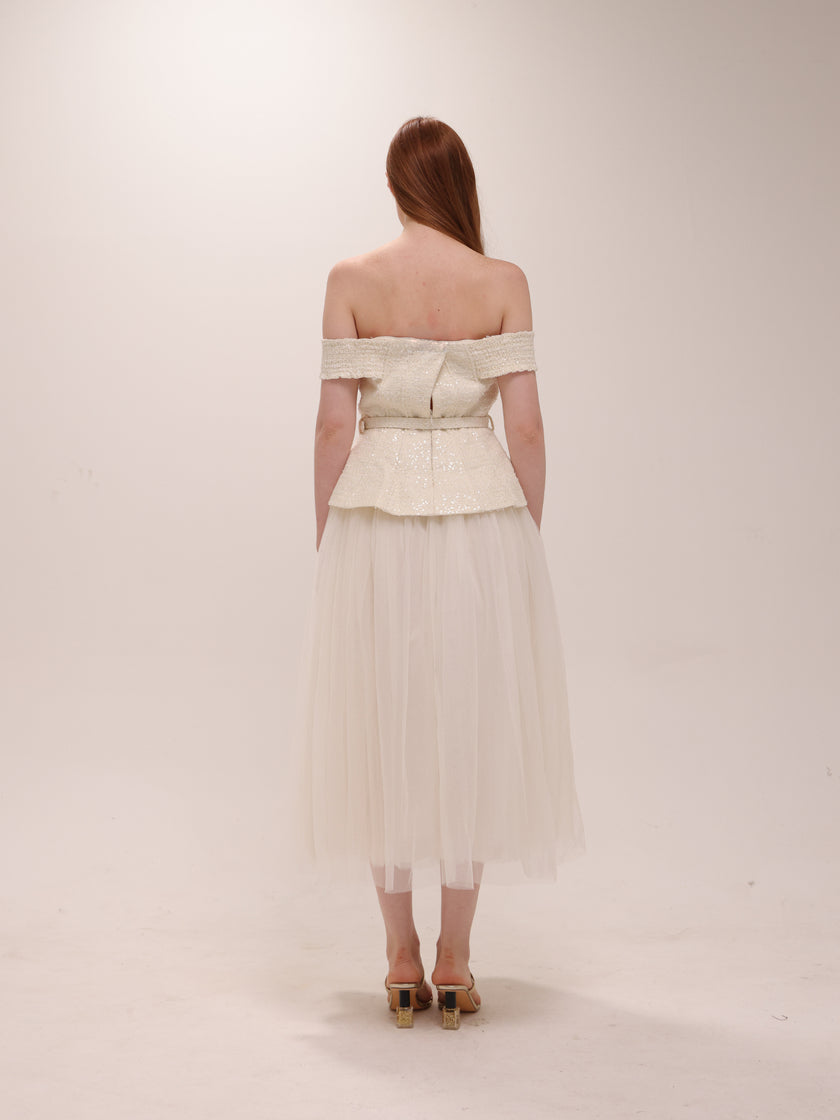 Cream Boucle Tulle Midi Dress