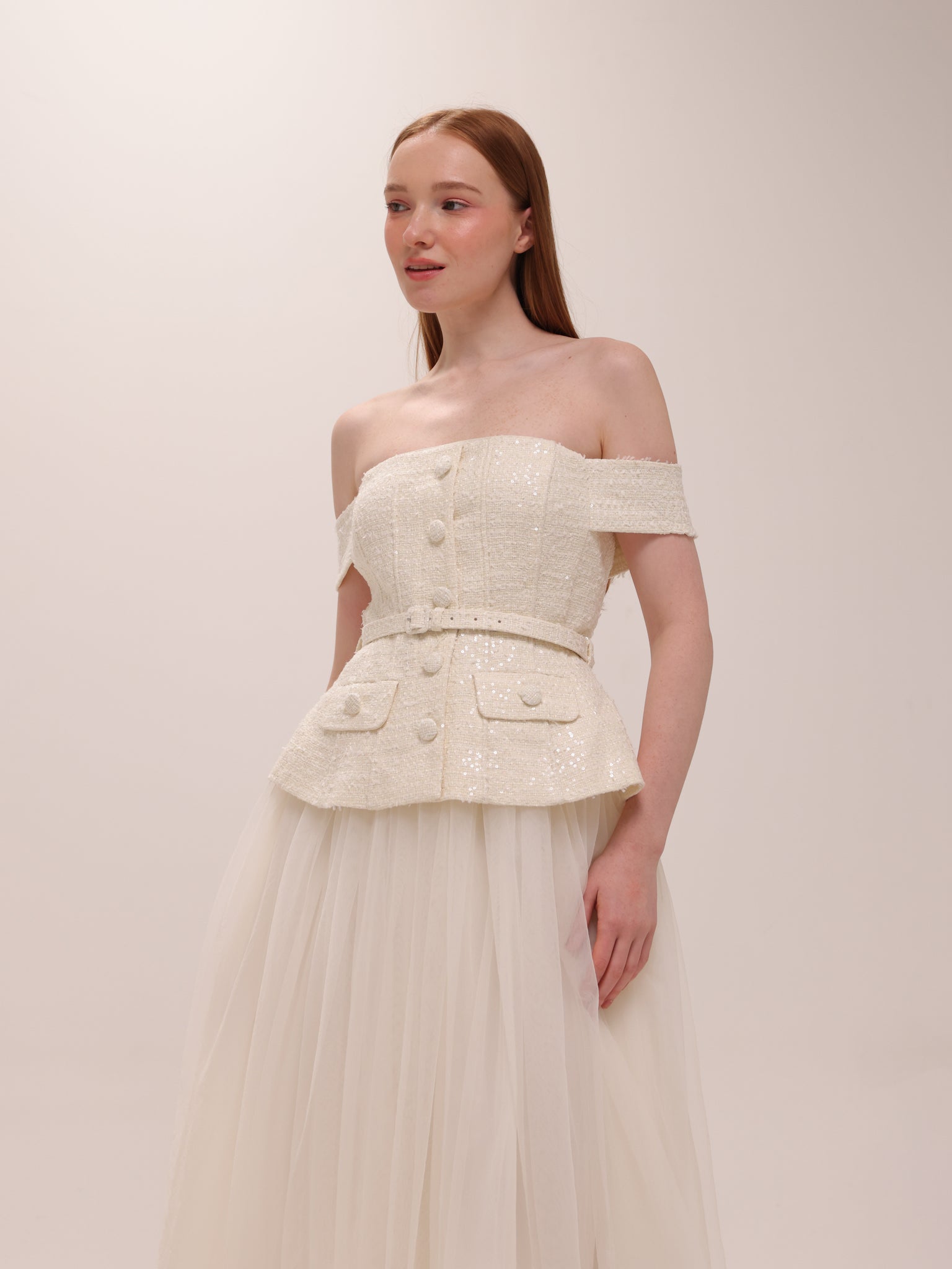 Cream Boucle Tulle Midi Dress