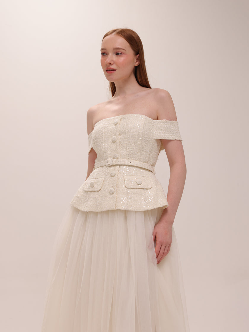 Cream Boucle Tulle Midi Dress