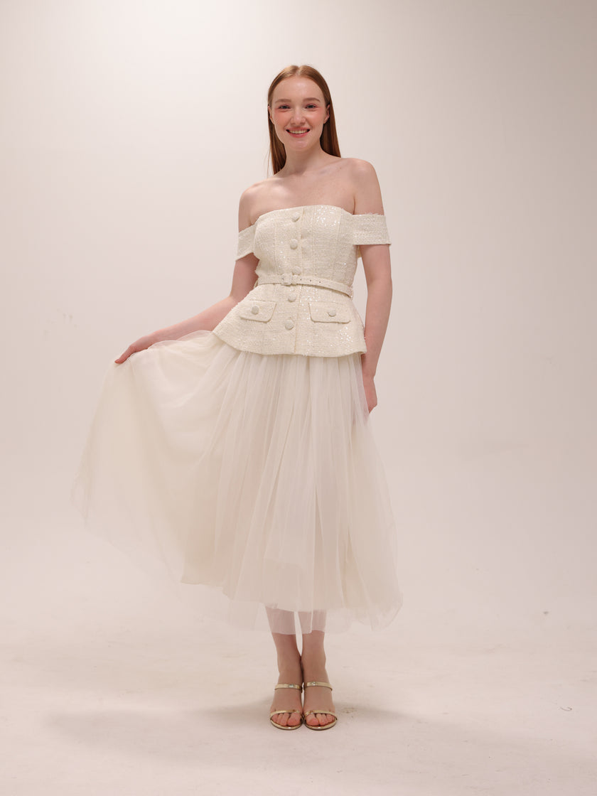 Cream Boucle Tulle Midi Dress