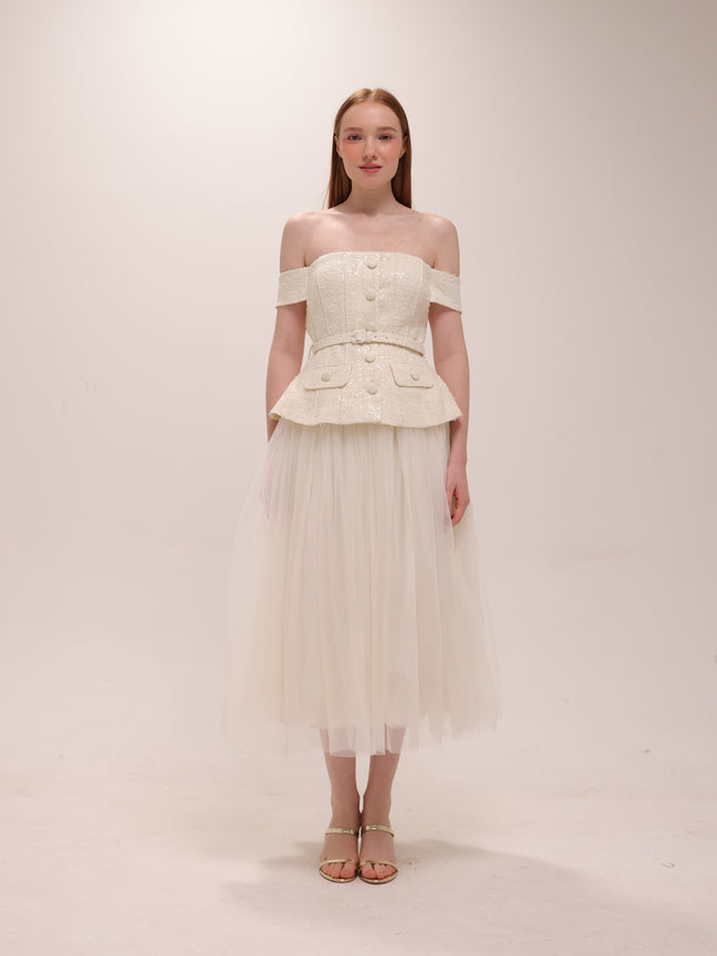Cream Boucle Tulle Midi Dress