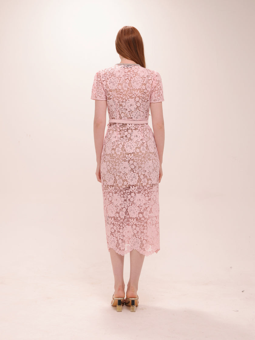 Pink Lace Diamante Bow Midi Dress