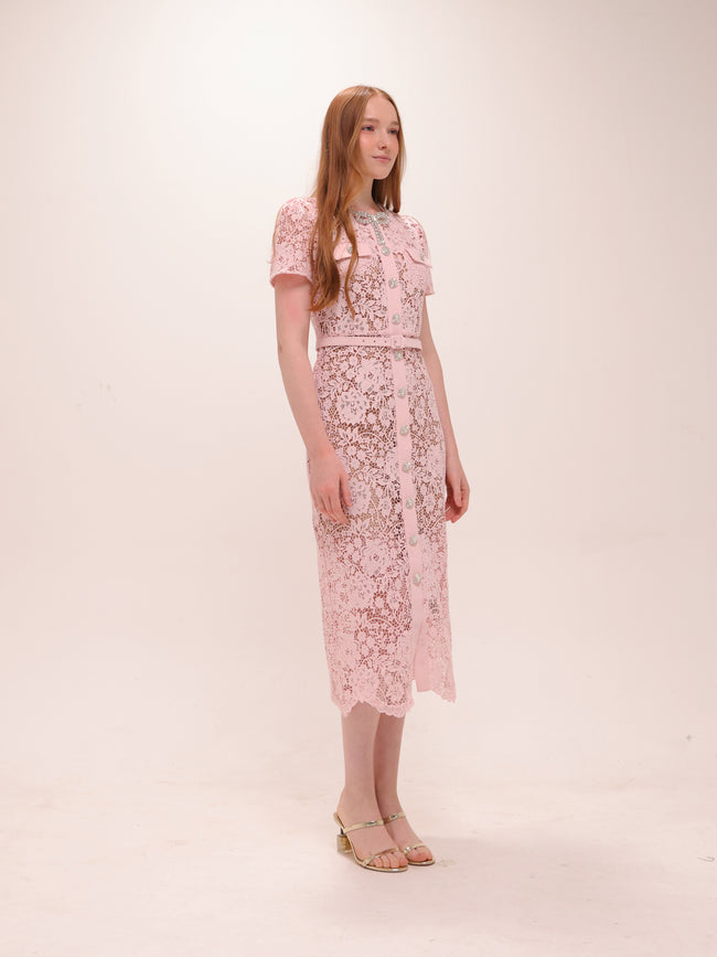Pink Lace Diamante Bow Midi Dress