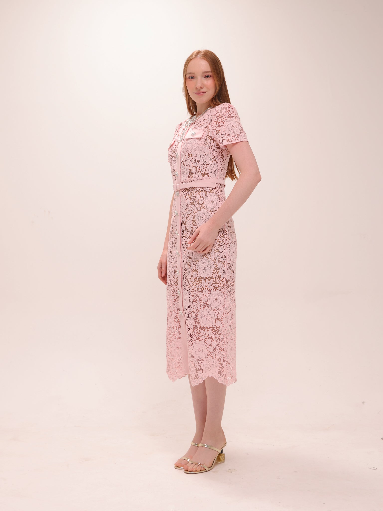 Pink Lace Diamante Bow Midi Dress