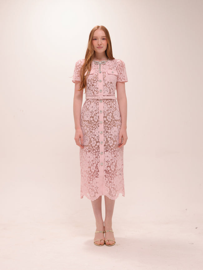 Pink Lace Diamante Bow Midi Dress