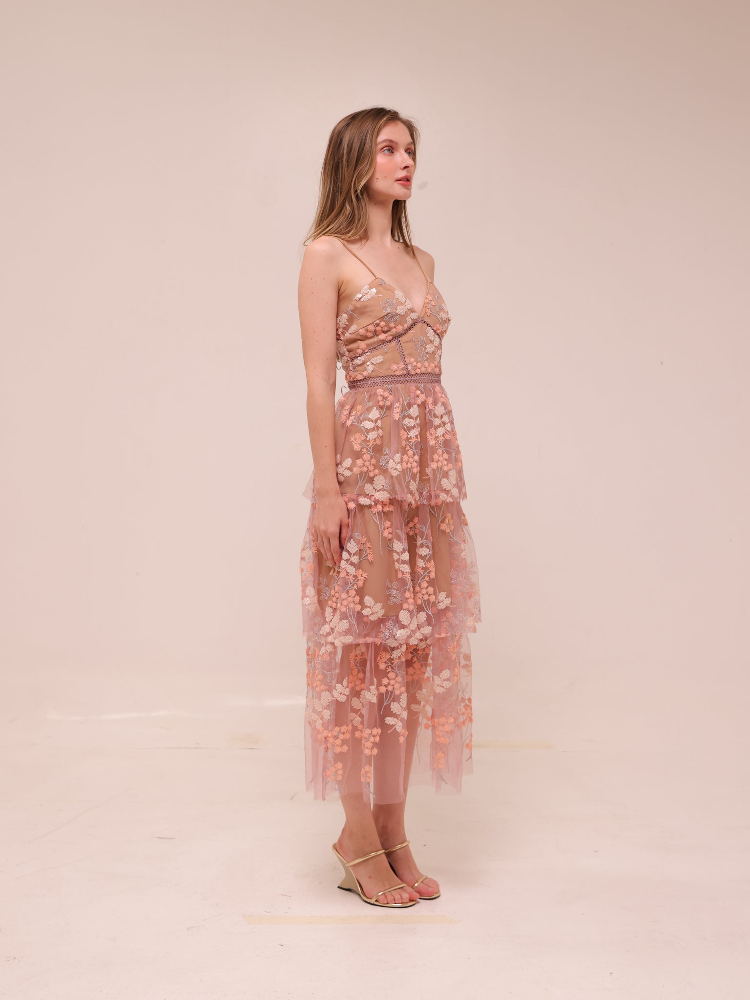 Pastel Pink Floral Embellished Midi Dress