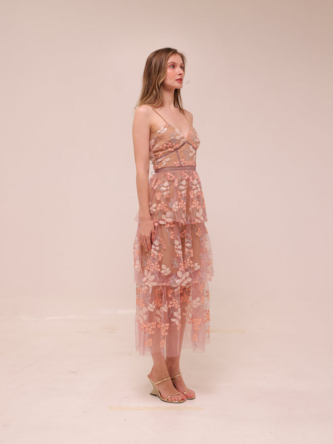 Pastel Pink Floral Embellished Midi Dress