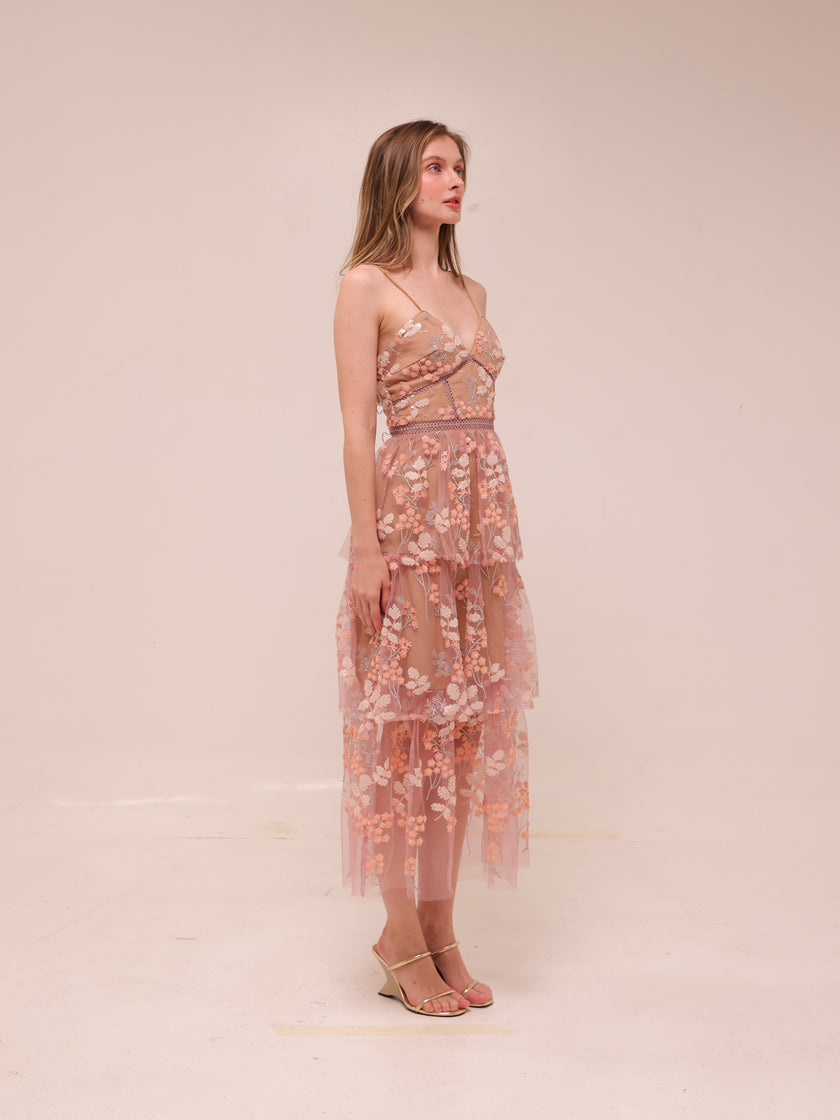 Pastel Pink Floral Embellished Midi Dress