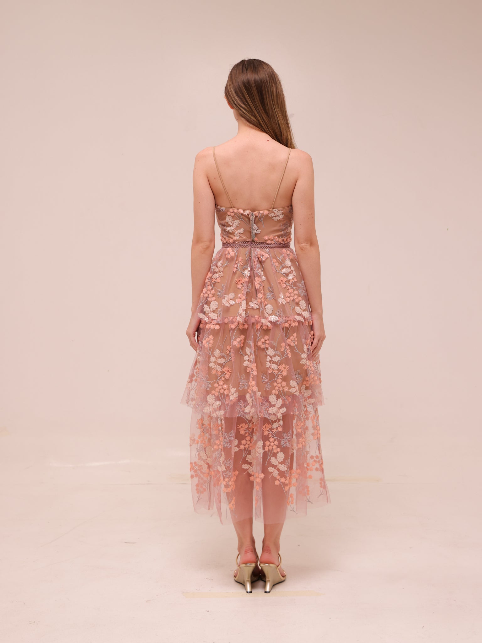 Pastel Pink Floral Embellished Midi Dress