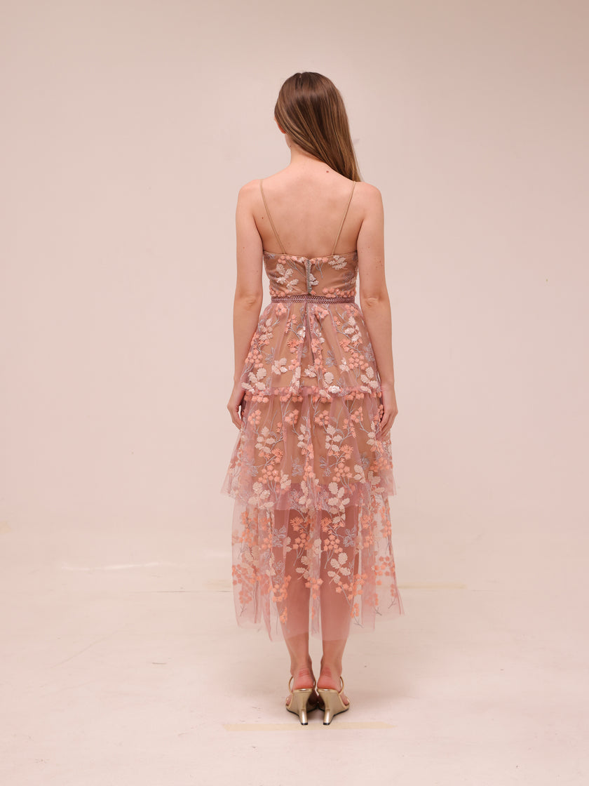 Pastel Pink Floral Embellished Midi Dress