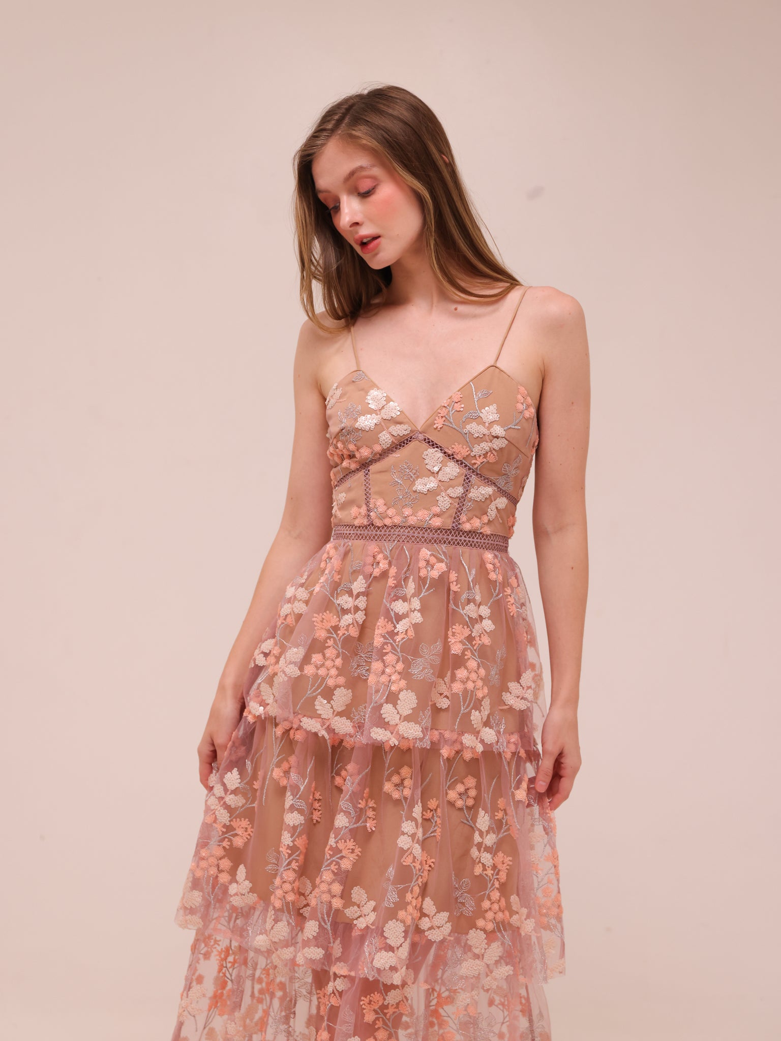 Pastel Pink Floral Embellished Midi Dress