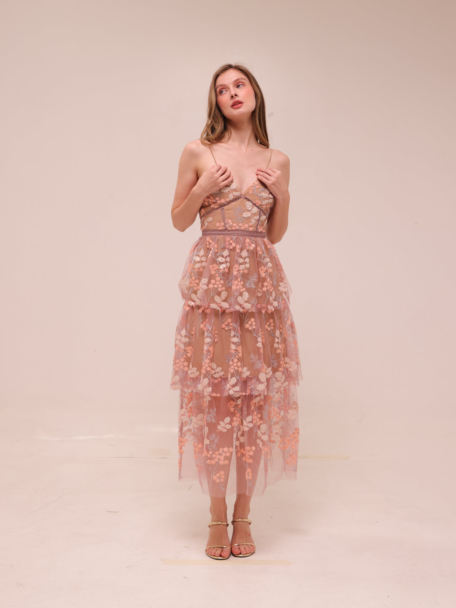 Pastel Pink Floral Embellished Midi Dress