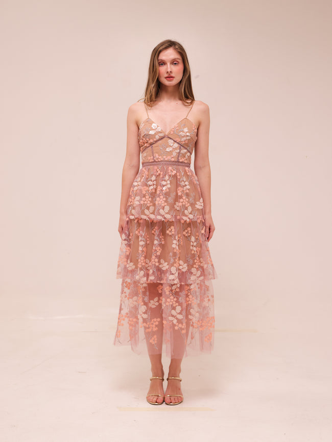 Pastel Pink Floral Embellished Midi Dress