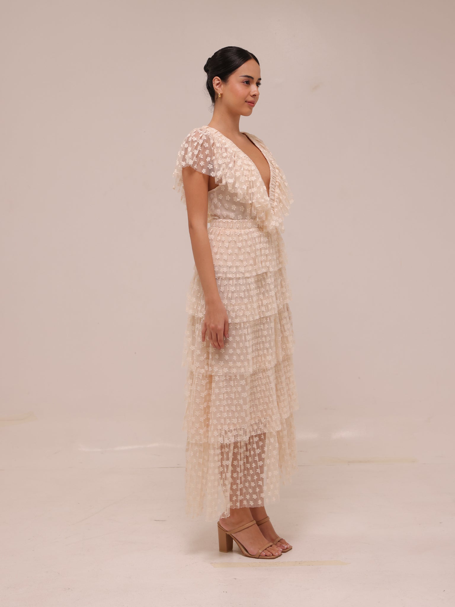 Lace Tulle Dress Tiered Cream Maxi