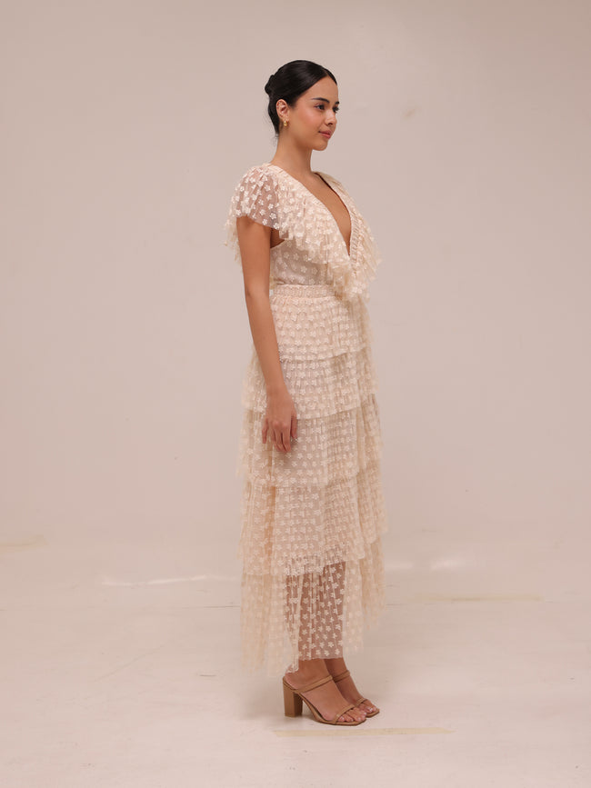 Lace Tulle Dress Tiered Cream Maxi